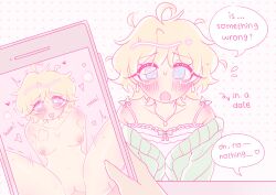 1boy 1girl absurdres ahoge blonde_hair blush breasts cellphone collarbone craig_tucker english_text genderswap genderswap_(mtf) green_jacket heart highres holding holding_phone jacket large_breasts nipples open_mouth phone pink_shirt pov pussy recording rinrin_(wuvpyon) sex shirt short_hair smartphone solo_focus south_park speech_bubble sweat tweek_tweak vaginal