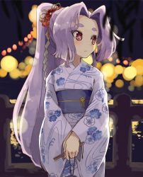 10s 1girl eyebrows female_focus folded_fan folding_fan hair_ornament hand_fan hatsuharu_(kancolle) hikimayu japanese_clothes kantai_collection kimono long_hair naka_akira ponytail purple_hair red_eyes shide short_eyebrows solo very_long_hair yukata