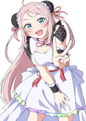 Rule 34 | 1girl, :d, absurdres, ahoge, blue eyes, blush, breasts, cleavage, commentary, cowboy shot, double bun, dress, frilled dress, frills, hair bun, highres, long hair, looking at viewer, love live!, love live! nijigasaki high school idol club, love live! nijigasaki high school idol club the movie - finale, mandarin collar, medium breasts, mole, mole under eye, official alternate costume, open mouth, phoenix (love live!), pink hair, short dress, sidelocks, sleeveless, sleeveless dress, smile, solo, swept bangs, two side up, uchuu no mozuku, v, white dress, zhong lanzhu