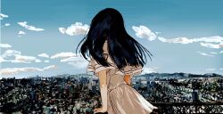Rule 34 | 1girl, absurdres, against railing, ashashio, black hair, blue sky, capelet, chinese commentary, city, cityscape, cloud, commentary request, cowboy shot, day, facing away, floating hair, from behind, highres, horizon, leaning forward, long hair, outdoors, railing, school uniform, shirt, short sleeves, skirt, sky, solo, subarashiki hibi, takashima zakuro, white capelet, white shirt, white skirt