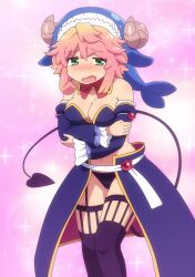 1girl armor bare_shoulders bikini bikini_armor black_bikini black_thighhighs blue_bustier blue_hat blue_skirt blue_sleeves blush bow bowtie breasts cleavage commentary_request cosplay crisis_management_form_(machikado_mazoku) crossed_arms curled_horns demon_tail detached_collar detached_sleeves dot_nose embarrassed fake_horns feet_out_of_frame frilled_sleeves frills garter_straps gold_trim gradient_background green_eyes hat highres horned_hat horns large_breasts machikado_mazoku okunoda_miyoi open_mouth pink_background pink_hair red_bow red_bowtie shirosato showgirl_skirt skirt solo sparkle_background sweatdrop swimsuit tail thighhighs touhou two-sided_fabric two-sided_skirt whale_hat white_sleeve_cuffs yoshida_yuuko_(machikado_mazoku) yoshida_yuuko_(machikado_mazoku)_(cosplay)