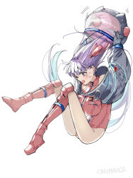 1girl artist_name bb_(fate) bb_cosmo_(fate) boots breasts carimarica fate/grand_order fate_(series) gloves helmet highres large_breasts leotard long_hair pink_boots pink_leotard purple_eyes purple_hair removing_helmet space_helmet white_background