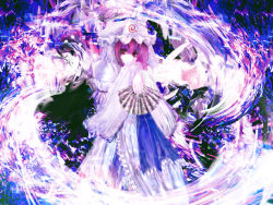 1girl hand_fan female_focus folding_fan hat highres japanese_clothes pink_eyes pink_hair rasha saigyouji_yuyuko short_hair solo touhou
