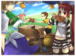 2boys 2girls animal_ears bird blue_hair brown_hair cloud day eating food hana hana_(pangya) kooh lee_byung_hee max max_(pangya) multiple_boys multiple_girls nuri pangya penguin picnic pink_hair rabbit_ears red_eyes red_hair skirt sky striped_clothes striped_skirt striped_thighhighs thighhighs twintails