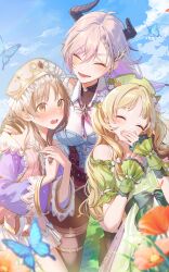 Rule 34 | 3girls, :d, ^ ^, ahoge, atelier (series), atelier ayesha, atelier resleriana, atelier totori, ayesha altugle, blonde hair, blue sky, breasts, broken horn, brown eyes, brown hair, bug, butterfly, closed eyes, cloud, cowboy shot, day, demon horns, dress, flower, green dress, hair between eyes, hair flower, hair ornament, hand on another&#039;s shoulder, hands up, hat, highres, horns, hug, insect, jacket, long hair, long sleeves, looking at another, multicolored hair, multiple girls, non-web source, off-shoulder dress, off shoulder, official art, open mouth, outdoors, pink dress, purple hair, purple jacket, sky, smile, standing, totooria helmold, two-tone hair, valeria (atelier), wrist cuffs
