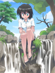 1girl barefoot black_hair cloud cloudy_sky day full_body grass green_eyes grey_skirt highres masuki on_rock original outdoors rock school_uniform shirt short_hair sitting skirt sky solo tree water waterfall white_shirt