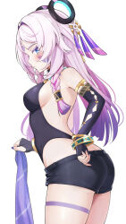 1girl ass asymmetrical_gloves bad_tag bare_shoulders black_gloves black_leotard black_shorts blue_nails blunt_tresses blush bracelet breasts butt_crack citlali_(genshin_impact) closed_mouth elbow_gloves facial_mark fingernails from_side genshin_impact glove_cutout gloves gold_armlet gold_bracelet highres holding_sarong jewelry leotard long_hair looking_at_viewer medium_breasts mismatched_gloves nail_polish pink_hair pink_pupils purple_eyes purple_sarong ring_hair_ornament sarong short_shorts shorts sideboob simple_background single_elbow_glove sleeveless_turtleneck_leotard solo thigh_marking thighs triangle triangle_facial_mark unworn_sarong ura_(hamburg_oniku) white_background