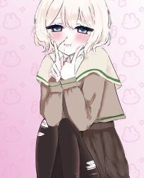 1girl :t absurdres black_dress black_pantyhose blood blood_on_face blood_on_hands blood_on_leg blood_trail blue_eyes blush brown_cardigan cardigan closed_mouth dress hanamura_hinako hand_on_own_hip hands_up highres imminent_vomiting index_finger_raised injury kitanai_kimi_ga_ichiban_kawaii long_sleeves looking_at_viewer nosebleed pantyhose scraped_knee short_hair solo torn_clothes torn_pantyhose usa6iww white_hair