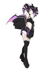 1girl ahoge animal_collar arched_back ass asymmetrical_bangs bare_shoulders bat_wings belt belt_buckle black_belt black_boots black_bustier black_collar black_jacket black_panties black_skirt black_trim black_wings boots breasts buckle cleavage closed_mouth collar colored_inner_hair commentary dot_nose drill_hair ear_piercing earrings english_commentary exposed_pocket eyebrows_hidden_by_hair facial_mark fashion_style_request fingerless_gloves fishnet_thighhighs fishnet_top fishnets floating frilled_skirt frills from_below from_side frown full_body furrowed_brow gloves goth_fashion gradient_hair gradient_wings green_eyes hair_ornament hair_over_one_eye half-closed_eyes half-skirt hand_in_pocket hand_on_own_thigh hand_up high_heel_boots high_heels highleg highleg_panties highres ichika_maia indie_virtual_youtuber jacket jewelry karassawa knees_together_feet_apart lace-up_boots light_frown long_eyelashes long_legs long_sleeves looking_down looking_to_the_side lowleg lowleg_shorts lowleg_skirt medium_breasts medium_hair micro_shorts midriff miniskirt multicolored_hair multicolored_jacket multicolored_wings multiple_piercings multiple_rings narrowed_eyes navel off-shoulder_jacket off_shoulder open_clothes open_jacket over-kneehighs panties panty_straps parted_bangs piercing pink_hair pink_streaks plaid_clothes plaid_skirt platform_boots platform_heels puffy_long_sleeves puffy_sleeves purple_hair purple_jacket purple_shorts purple_skirt purple_wings ring serious shorts shorts_under_skirt sidelocks simple_background single_hair_streak skirt sleeveless sleeves_past_wrists solo spiked_collar spikes spread_wings star_(symbol) star_facial_mark star_hair_ornament star_tattoo stomach studded_belt tattoo thick_eyelashes thigh_boots thighhighs thighs torn_clothes torn_thighhighs twin_drills two-sided_fabric two-sided_jacket two-tone_hair two-tone_jacket two-tone_skirt two-tone_wings underwear v-shaped_eyebrows virtual_youtuber white_background wing_hair_ornament wings