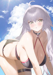 1girl absurdres bent_over bikini black_bikini blush breasts cleavage cloud cloudy_sky day fate/grand_order fate_(series) highres jeanne_d&#039;arc_alter_(fate) jeanne_d&#039;arc_alter_(swimsuit_berserker)_(fate) kurozawa_yui large_breasts long_hair looking_at_viewer outdoors parted_lips sky solo swimsuit thigh_strap thighs white_hair yellow_eyes
