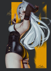 1girl absurdres arm_up armpits ass backless_outfit bekus black_background black_gloves breasts closed_mouth elbow_gloves from_side gloves hair_ornament hairclip high-waist_shorts highres kuji-in light_particles long_hair looking_at_viewer medium_breasts multiple_moles shadow shorts signature single_elbow_glove solo thigh_strap white_hair yellow_eyes yi_xuan_(zenless_zone_zero) zenless_zone_zero