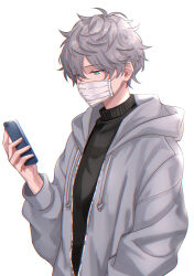 1boy black_sweater blue_eyes covered_mouth ensemble_stars! grey_hair grey_jacket hair_between_eyes highres holding holding_phone jacket looking_at_phone male_focus mask mimimi_(echonolog) mouth_mask phone sena_izumi_(ensemble_stars!) short_hair simple_background sweater turtleneck turtleneck_sweater white_background