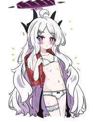 1girl absurdres ahoge backpack bag black_halo blue_archive demon_girl demon_horns demon_wings e_v_e_neko flat_chest halo highres hina_(blue_archive) horns long_hair looking_at_viewer purple_eyes randoseru simple_background solo standing underwear white_background white_hair wings