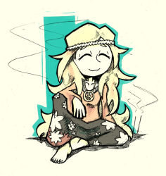1girl :3 ^_^ baggy_pants barefoot blonde_hair blue_background circlet closed_eyes closed_mouth commentary elbow_on_knee english_commentary facing_viewer female_focus flat_chest grey_pants hippie indian_style jewelry long_hair necklace original pants peace_symbol pink_shirt setz shirt sitting smile solo very_long_hair