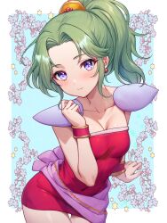 1girl absurdres blush breasts cleavage closed_mouth collarbone cowboy_shot dress earrings final_fantasy final_fantasy_vi green_hair highres jewelry looking_at_viewer ponytail purple_eyes red_dress short_dress small_breasts solo strapless strapless_dress tina_branford yua_666666
