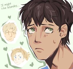 Rule 34 | 1girl, 2023, 2boys, annie leonhart, bertolt hoover, black hair, blonde hair, couple, davriann, english text, multiple boys, reiner braun, shingeki no kyojin, short hair, twitter