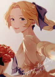 1girl :d blonde_hair blush bouquet bow celes_chere dated dress female_focus final_fantasy final_fantasy_vi flower hair_bow happy_birthday highres long_hair looking_at_viewer open_mouth ponytail purple_bow purple_eyes red_flower red_rose rose smile solo white_dress yawai_tofu