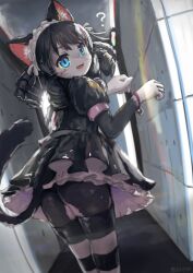 ? absurdres actworks1970 animal_ear_fluff animal_ears ass ass_focus bell black_hair blue_eyes body_fur bracelet cat_ears cat_girl clothing_cutout commentary curly_hair cyan_(show_by_rock!!) dated fang from_behind furrification furry furry_female hallway highres horizontal-striped_thighhighs indoors jewelry looking_at_viewer looking_back maid_headdress open_mouth paw_pose show_by_rock!! skirt solo tail tail_raised tail_through_clothes thighhighs whiskers zettai_ryouiki