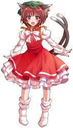 1girl alphes_(style) animal_ears blush bow bowtie brown_eyes brown_hair cat_ears cat_girl cat_tail chen commentary_request dairi dress earrings fang frilled_dress frilled_sleeves frills full_body gold_trim green_hat hat jewelry juliet_sleeves large_variant_set long_sleeves looking_at_viewer mob_cap multiple_tails nekomata open_mouth parody puffy_sleeves red_dress red_nails ribbon short_hair single_earring socks solo standing straight-on style_parody tachi-e tail tearing_up touhou transparent_background two_tails variant_set vest white_bow white_bowtie white_socks