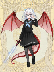 Rule 34 | 1girl, black pantyhose, black sailor collar, black serafuku, black shoes, blue neckerchief, dairoku ryouhei, dragon girl, fel ooyama, full body, glasses, grey eyes, hand up, holding, holding sword, holding weapon, honoka (pandatype), loafers, long sleeves, looking at viewer, neckerchief, pantyhose, sailor collar, school uniform, serafuku, shoes, smile, solo, standing, sword, two side up, weapon, white hair, yellow background