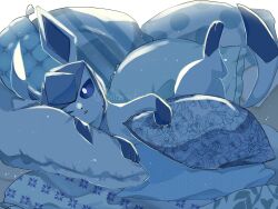 Rule 34 | artist name, blue fur, gen 4 pokemon, glaceon, highres, looking at viewer, lying, nintendo, no humans, on side, one eye closed, pillow, pokemon, pokemon (creature), shiznar, solo, two-tone fur