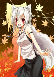 1girl animal_ears bare_shoulders breasts cape cosplay facepaint female_focus flask_(artist) flask_(pandora) highres inubashiri_momiji jewelry leaf mononoke_hime necklace no_headwear no_headwear open_mouth parody pendant red_eyes san_(cosplay) san_(mononoke_hime) short_hair silver_hair sleeveless smile solo tail teeth touhou wolf_ears wolf_tail