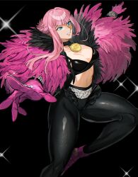 1girl black_pants blue_eyes breasts feather_boa gloves highres knee_up manon_legrand medallion official_alternate_costume outstretched_arms pants pink_gloves pink_hair short_hair_with_long_locks smile solo street_fighter street_fighter_6 tight_clothes tight_pants toned toned_female trnnmnm4