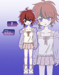 1girl aged_down ahoge animal_slippers black_hair blue_eyes blush bunny_slippers child collarbone embarrassed female_focus genderswap genderswap_(mtf) gradient_background highres japanese_text looking_at_viewer multicolored_hair open_mouth pleated_skirt red_eyes red_hair skirt slippers solo speech_bubble sumino_takumi the_hundred_line_-last_defense_academy-