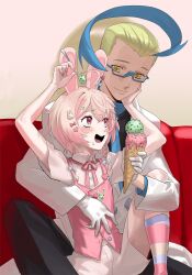 2boys absurdres agemmata ahoge animal_ears asymmetrical_hair black_pants black_shirt blonde_hair blue_bow boku_no_pico bow braid colress_(pokemon) couch double-parted_bangs glasses gloves hair_ornament highres holding holding_ice_cream_cone huge_ahoge ice_cream_cone lab_coat looking_at_another multiple_boys nintendo open_mouth pants parody phase_connect pink_bow pink_eyes pink_ribbon pink_shirt pink_shorts pink_vest pipkin_peter pipkin_pippa pokemon pokemon_bw2 rabbit_boy rabbit_ears rabbit_hair_ornament ribbon self-upload shirt short_hair shorts side_braid sidelocks socks spill spoon striped_clothes striped_socks vest virtual_youtuber white_gloves yaoi yellow_eyes