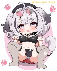 Rule 34 | 1girl, ahoge, artist name, azur lane, beret, black hair, black hat, blush, breasts, chibi, chibi only, collar, eyewear on head, fake tail, fang, gradient hair, grey eyes, grey hair, grey thighhighs, hat, heart, heart-shaped eyewear, heart-shaped pupils, highres, large breasts, looking at viewer, multicolored hair, navel, open mouth, panties, red skirt, shanghai kani, short hair, skin fang, skirt, solo, spiked collar, spikes, spread legs, stomach, symbol-shaped pupils, tail, thighhighs, two side up, underwear, white panties, z13 (azur lane)