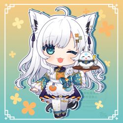 ahoge animal_ear_fluff animal_ear_piercing animal_ears ashikawa_shiho blue_sleeves bow chibi cup fox_ears fox_girl fox_tail framed_breasts frilled_shrug gold_osmanthus hololive layered_skirt maid mandarin_collar multicolored_shirt orange_nails pantyhose qi_maid shirakami_fubuki shirakami_fubuki_(8th_costume) skirt sukonbu_(shirakami_fubuki) tail virtual_youtuber waist_bow watermark white_pantyhose