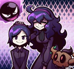 2024_pokemon_teraleak 2girls blush closed_mouth collared_shirt commentary creatures_(company) dress english_commentary game_freak gastly gen_1_pokemon gen_6_pokemon grin hairband hand_on_another&#039;s_head hex_maniac_(pokemon) hex_maniac_(prototype)_(pokemon) highres looking_at_another looking_at_viewer mother_and_daughter multiple_girls nail_polish nintendo phantump pokemon pokemon_(creature) pokemon_xy pokemon_xy_(prototype) prototype_design purple_dress purple_eyes purple_hair purple_hairband purple_nails purple_shirt shirt sirdusterbuster smile standing upper_body