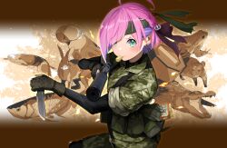 1girl ahoge animal bird black_ribbon blue_eyes braid caloriemate camouflage camouflage_jacket camouflage_pants cosplay crocodile crocodilian dual_wielding earrings fingerless_gloves fish food_in_mouth frog gloves green_ribbon gun hair_ribbon handgun highres himemori_luna holding holding_gun holding_knife holding_weapon hololive jacket jewelry knife metal_gear_(series) metal_gear_solid_3:_snake_eater mouse_(animal) pants parrot pouch rabbit ribbon sleeves_rolled_up snake solid_snake solid_snake_(cosplay) sora_no_tori suppressor tassel tassel_earrings virtual_youtuber weapon