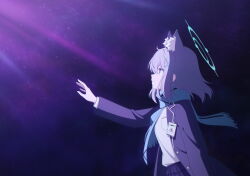 1girl animal_ear_fluff animal_ears black_skirt blue_archive blue_eyes blue_halo blue_jacket blue_necktie blue_scarf cross_hair_ornament extra_ears grey_hair hair_ornament halo highres id_card jacket long_hair necktie non-web_source official_art plaid_clothes plaid_skirt reaching scarf shiroko_(blue_archive) shirt skirt solo white_shirt wolf_ears wolf_girl