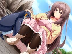 1girl :o animal bird black_pantyhose blue_sky blush boots brown_eyes brown_hair casual choker cloud collarbone crotch_seam day dress dutch_angle game_cg hair_ornament headpat inoino jacket katsuragi_marina kouyoku_senki_exs-tia large_variant_set long_hair long_sleeves non-web_source official_art outdoors panties panties_under_pantyhose pantyhose pantyshot penguin petting pink_choker pink_dress red_choker sky solo squatting thighband_pantyhose underwear upskirt variant_set yellow_jacket
