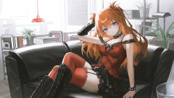 1girl absurdres black_boots black_choker black_skirt blue_eyes boots breasts choker cleavage couch crossed_legs haruri highres long_hair looking_at_viewer miniskirt neon_genesis_evangelion on_couch orange_hair red_shirt red_thighhighs shirt sitting skirt solo souryuu_asuka_langley studded_choker thighhighs two_side_up zettai_ryouiki
