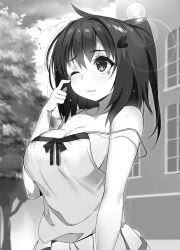 Rule 34 | 1girl, ahoge, bare shoulders, breasts, building, buta koushaku, camisole, closed mouth, collarbone, cowboy shot, greyscale, hair ornament, hairpin, hand on own face, highres, large breasts, medium hair, monochrome, nauribon, one eye closed, pleated skirt, ponytail, ribbon, short ponytail, skirt, solo, tearing up, tina (buta koushaku), tree, waking up, wavy mouth