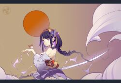 1girl absurdres animal animal_on_hand back_bow bare_back bird blunt_bangs bow braid breasts brown_background chinese_commentary closed_mouth detached_sleeves electricity from_side genshin_impact gradient_background hair_flowing_over hair_ornament highres holding holding_sword holding_weapon japanese_clothes kimono large_breasts long_braid long_hair long_sleeves looking_at_viewer looking_to_the_side mitsudomoe_(shape) mole mole_under_eye mudined multicolored_hair nape ocean off_shoulder pink_lips purple_eyes purple_hair purple_kimono raiden_shogun single_braid solo streaked_hair sun sword tattoo tomoe_(symbol) water waves weapon wide_sleeves