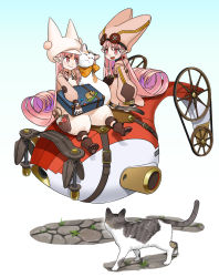 2girls animal bag baggy_clothes baggy_pants button_eyes buttons cat coat dual_persona fate/grand_order fate_(series) habetrot_(fate) hat highres hirai_yukio long_hair looking_at_animal multiple_cats multiple_girls needle open_mouth pants petting pink_coat pink_eyes pink_hair pink_hat pointy_ears satchel scarf sewing_needle smile spinning_wheel spool very_long_hair