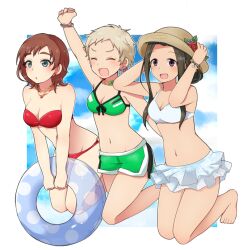 3girls :d :o arm_up bikini blonde_hair blue_eyes blush bracelet breasts brown_hair chain chain_bracelet cleavage clenched_hand closed_eyes commentary_request ear_piercing earrings eyelashes flower green_bikini hand_on_headwear hat hat_flower holding holding_swim_ring idolmaster idolmaster_cinderella_girls innertube jewelry jumping kate_(idolmaster) long_hair midair multiple_girls navel ohagi_(hagemochi) open_mouth piercing pixie_cut purple_eyes red_bikini red_flower senzaki_ema short_hair sidelocks smile straw_hat suzumiya_seika swim_ring swimsuit very_short_hair white_bikini