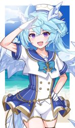 Rule 34 | 1girl, blue hair, blue horns, blue wings, crystal horns, crystal tail, crystal wings, dragon girl, dragon horns, dragon tail, dragon wings, floom (zeal fool), gigo, hair between eyes, hair ornament, horns, open mouth, pointy ears, princess connect!, purple eyes, sailor collar, sheffy (princess connect!), solo, tail, wings