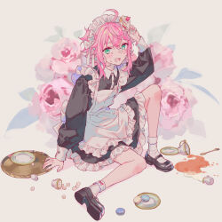 1boy ahoge apron black_dress blush cup dress ensemble_stars! flower frilled_apron frills green_eyes hand_up highres himemiya_tori long_sleeves looking_at_viewer maid_apron maid_headdress male_focus open_mouth pink_flower pink_hair pink_rose rose sitting socks solo teacup white_apron white_headdress white_socks yutsumoe