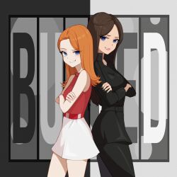 absurdres animification belt blue_eyes breasts brown_hair candace_flynn commentary english_commentary highres long_hair long_sleeves looking_at_viewer makeup multiple_girls orange_hair phineas_and_ferb pr_ponnyan red_shirt shirt skirt sleeveless sleeveless_shirt smile vanessa_doofenshmirtz white_skirt
