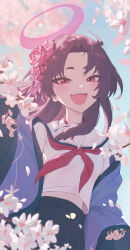 Rule 34 | 1girl, absurdres, black skirt, blue archive, blue haori, blush, fang, flower, hair flower, hair ornament, halo, haori, highres, japanese clothes, long hair, looking at viewer, neckerchief, odd (hin yari), open mouth, parted bangs, purple eyes, purple flower, purple hair, purple halo, red neckerchief, skin fang, skirt, solo, white flower, yukari (blue archive)