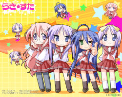 Rule 34 | :3, ^ ^, ahoge, blue hair, chibi, closed eyes, crossed arms, glasses, green eyes, hiiragi kagami, hiiragi tsukasa, izumi konata, kyoto animation, long hair, looking at viewer, lucky star, mole, mole under eye, multiple girls, neckerchief, official art, one eye closed, pink hair, pink neckerchief, pointing, pointing at viewer, purple hair, red sailor collar, ryouou school uniform, sailor collar, school uniform, short hair, star (symbol), takara miyuki, twintails, yellow background, yoshimizu kagami