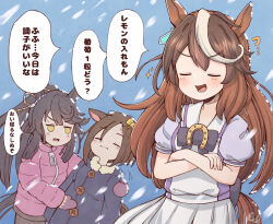 3girls air_groove_(umamusume) animal_ears black_hair brown_hair closed_eyes closed_mouth coat commentary_request crossed_arms fainting highres horse_ears horse_girl horse_tail medium_hair multiple_girls narita_brian_(umamusume) pun rakugakiraid school_uniform signature simple_background symboli_rudolf_(umamusume) tail tracen_school_uniform translation_request umamusume winter winter_clothes winter_coat yellow_eyes