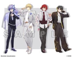 4boys :d alternate_costume alternate_hairstyle antenna_hair baggy_pants belt black_belt black_choker black_gloves black_hair black_pants black_shirt black_shoes blonde_hair blue_eyes blue_flower blue_hair blue_rose border boutonniere bow bowtie brown_jacket brown_pants brown_suit chain chain_necklace choker closed_mouth collared_shirt copyright_notice cropped_jacket drop_shadow earrings flower flower_ornament formal_clothes full_body gloves gold_earrings gradient_clothes gradient_jacket grey_background grey_jacket grey_pants grey_suit hair_between_eyes hanasaki_miyabi hand_in_pocket hand_on_own_chest hand_on_own_hip hands_up high_ponytail hitodama holding holding_flower holostars jacket jacket_on_shoulders jewelry kishido_temma lapels light_frown lineup loafers long_hair long_shirt long_sleeves looking_at_viewer male_focus minase_rio monk_shoes multicolored_hair multiple_boys necklace necktie notched_lapels official_art open_clothes open_jacket open_mouth outside_border oxfords pants pendant_choker pink_flower pink_rose platform_shoes ponytail print_jacket print_pants purple_bow purple_bowtie purple_hair purple_jacket purple_necktie purple_socks red_hair red_sweater_vest rose sample_watermark senzaki_makoto shirt shirt_partially_tucked_in shirt_tucked_in shoes short_hair short_ponytail side_part simple_background sleeves_past_wrists smile socks standing streaked_hair suit suit_jacket sweater_vest turtleneck two-tone_hair untucked_shirt v-neck virtual_youtuber watch watermark white_belt white_border white_jacket white_shirt white_shoes wristwatch yatogami_fuma yellow_eyes zipper