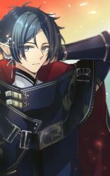 Rule 34 | 0sousaki0, 1boy, arknights, arm behind head, arm up, armor, black hair, cape, closed mouth, commentary request, earrings, expressionless, eyes visible through hair, grey eyes, hair between eyes, highres, jewelry, light particles, looking at viewer, male focus, parted bangs, partial commentary, red cape, short hair, solo, strap, upper body, vambraces, zuo le (arknights)