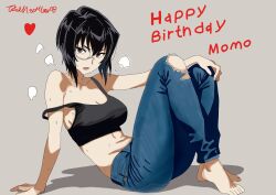 1girl absurdres arm_support artist_name black_hair breasts brown_eyes cleavage denim girls_und_panzer glasses happy_birthday highres jeans kawashima_momo large_breasts medium_hair navel pants simple_background solo strap_slip tank_top torn_clothes torn_jeans torn_pants totalmajorweeb