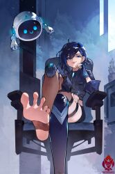 1girl ayase_yuu barefoot black_hair blue_eyes crossed_legs feet highres long_hair looking_at_viewer phase_connect sitting smile soles stirrup_legwear toeless_legwear toes yeougui